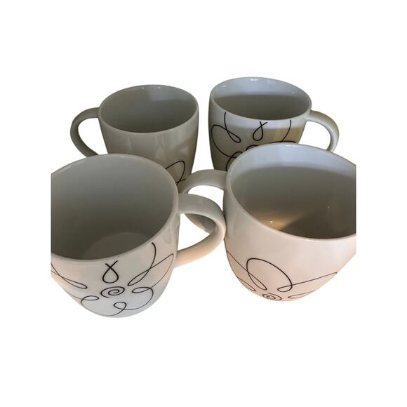 Crate & Barrel White Black Daisy Doodle Coffee Mugs Pack of 4 set - Picture 2 of 5